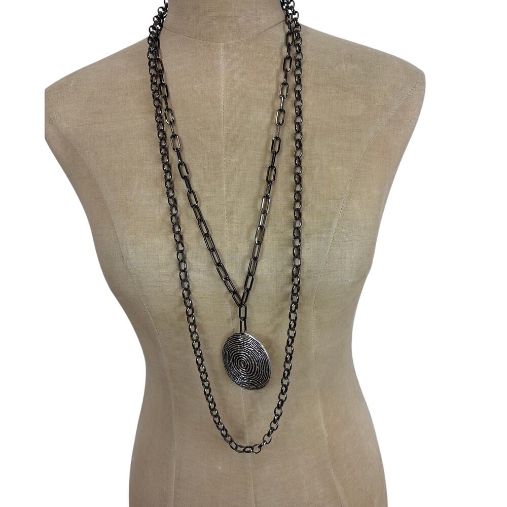 LOT 2 Oxidized Silver Artisan Silver Tone Layering Chain w/ Medallion Necklaces